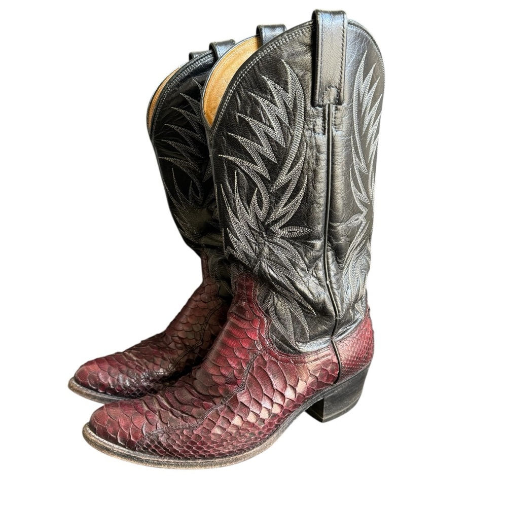Vintage Dan‎ Post Python Cowboy Boots Exotic Snakeskin Black Burgundy Leather